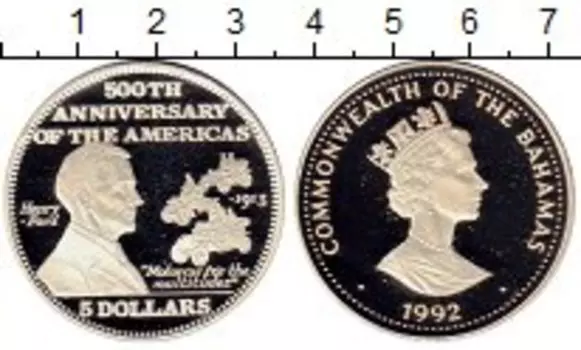 Монета 5 долларов Багамских островов 1992 года Серебро 500 лет открытия Америки, Генри Форд