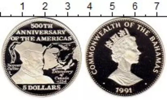 Монета 5 долларов Багамских островов 1991 года Серебро 500 лет открытия Америки, Открытие Канады