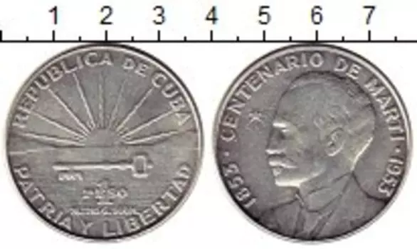 Монета песо Кубы 1953 года Серебро 100 лет со дня рождения Хосе Марти