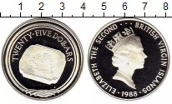 Монета 25 долларов Виргинских островов 1988 года Серебро Елизавета II, гравированный печатный блок