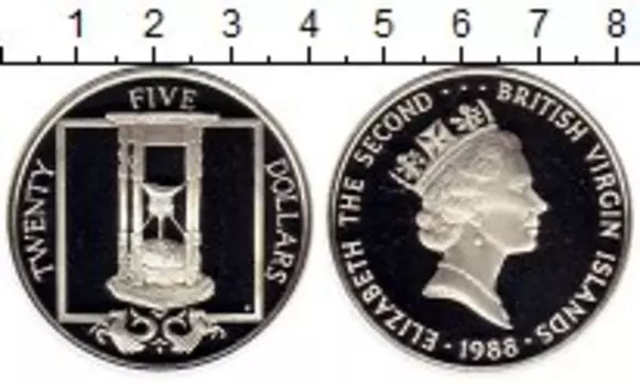 Монета 25 долларов Виргинских островов 1988 года Серебро Елизавета II, песочные часы