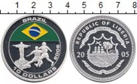 Монета 10 долларов Либерии 2005 года Серебро Чемпионат Мира по футболу, Бразилия