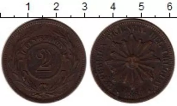 Монета 2 сентесимо Уругвая 1869 года Медь