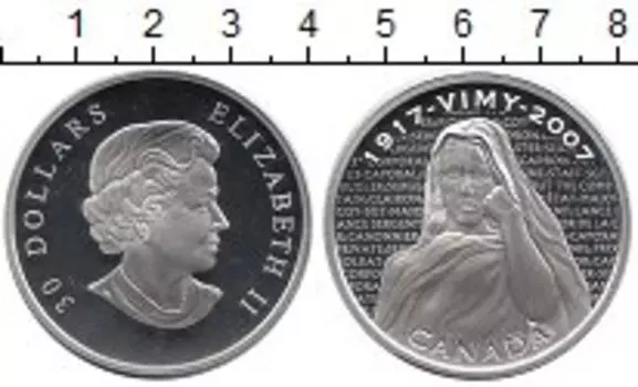 Монета 30 долларов Канады 2007 года Серебро 90 лет битве при Вими