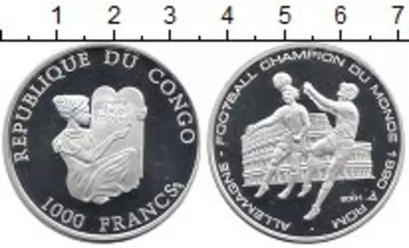 Монета 1000 франков Конго 2001 года Серебро Германия - чемпион мира по футболу 90