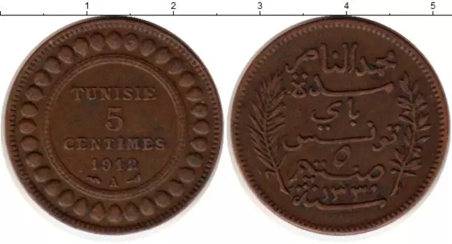 Монета 5 сантим Туниса 1912 года Бронза