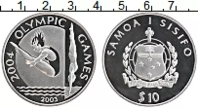 Монета 10 долларов Самоа 2003 года Серебро Олимпийские игры, Прыжки в воду