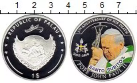 Монета доллар Палау 2010 года Посеребрение Иоанн Павел II