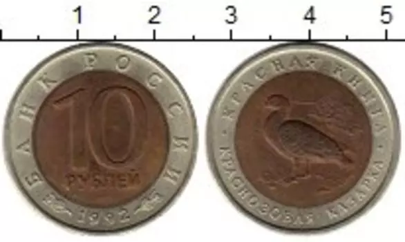 Монета 10 рублей России 1992 года Биметалл Краснозобая казарка