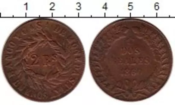 Монета 2 реала Аргентины 1860 года Медь Буэнос Айрес