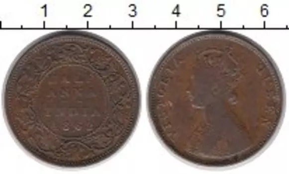 Монета 1/2 анны Индии 1862 года Медь Виктория