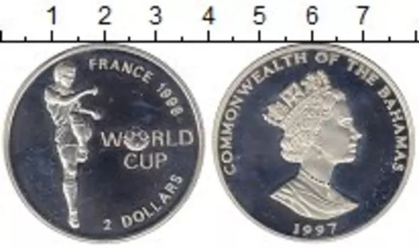 Монета 2 доллара Багамских островов 1997 года Серебро Чемпионат мира по футболу