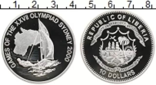 Монета 10 долларов Либерии 2000 года Серебро Олимпийские игры, парусный спорт