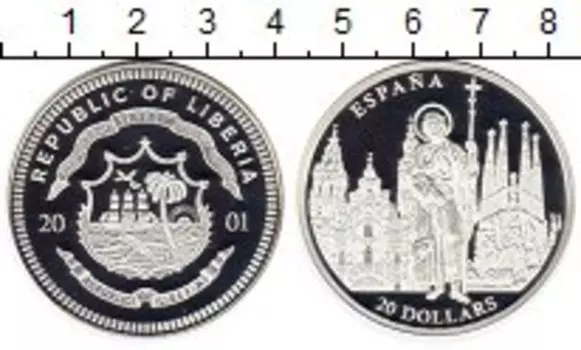 Монета 20 долларов Либерии 2001 года Серебро Испания