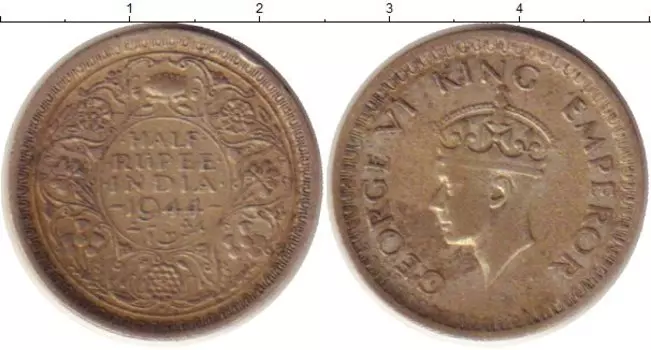 Монета 1/2 рупии Индии 1944 года Серебро Георг VI