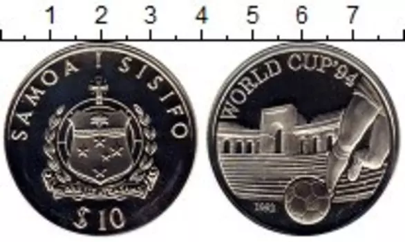 Монета 10 долларов Самоа 1992 года Серебро Чемпионат Мира по футболу