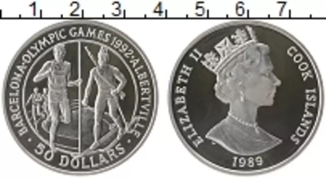 Монета 50 долларов Островов Кука 1989 года Серебро Олимпийские игры 1992