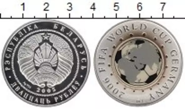 Монета 20 рублей Беларуси 2005 года Серебро Чемпионат Мира по футболу