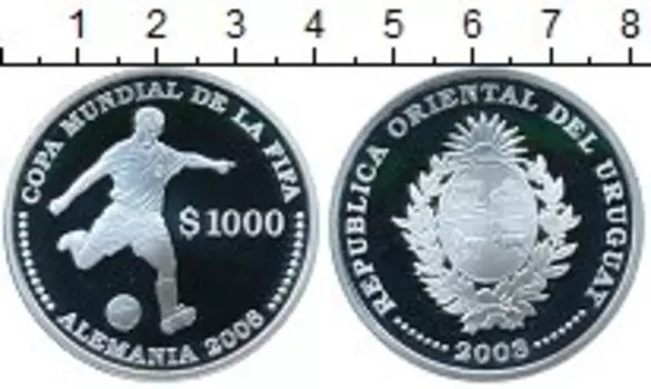 Монета 1000 песо Уругвая 2003 года Серебро ФИФА 2006