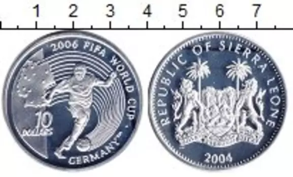 Монета 10 долларов Сьерры-Леоне 2004 года Серебро Чемпионат мира по футболу 2006 г
