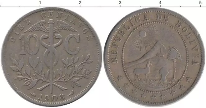 Монета 10 сентаво Боливии 1908 года Медно-никель