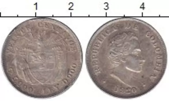 Монета 20 сентаво Колумбии 1920 года Серебро