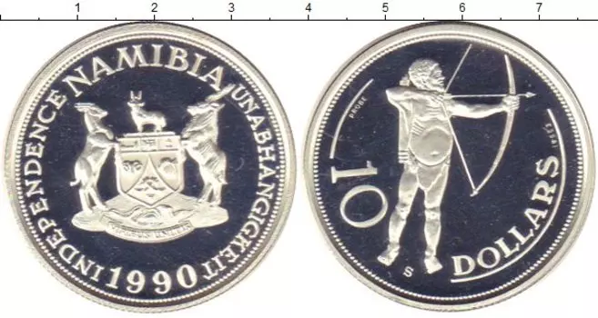 Монета 10 долларов Намибии 1990 года Серебро Лучник