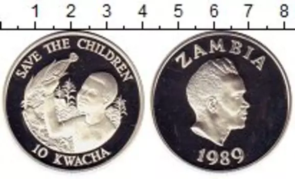 Монета 10 квач Замбии 1989 года Серебро Защита детей