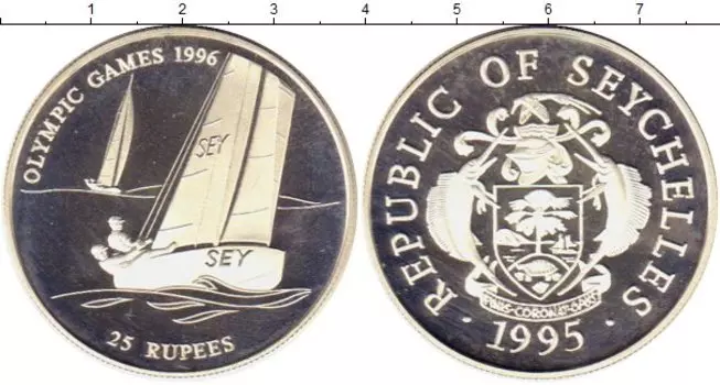 Монета 25 рупий Сейшел 1995 года Серебро Корабль Олимпийские игры