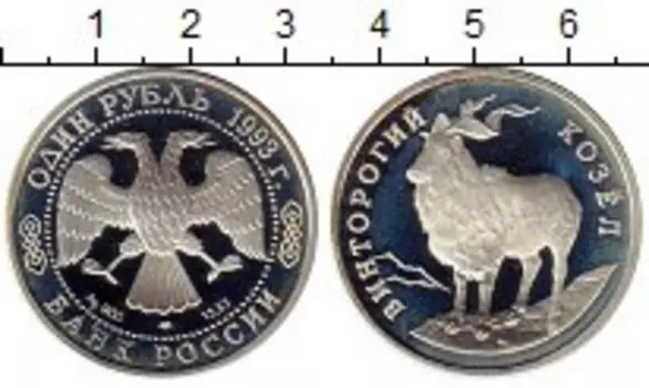 Монета рубль России 1993 года Серебро Винторогий козел