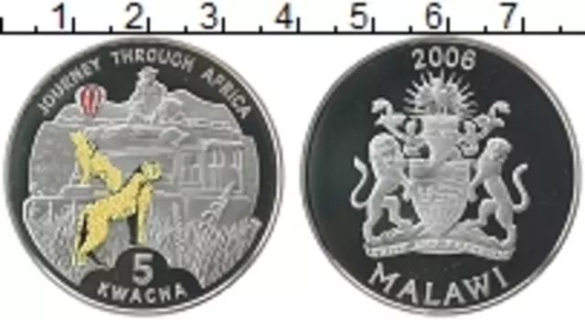 Монета 5 квач Малави 2006 года Серебро Леопарды