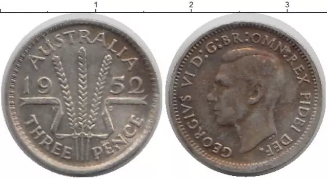 Монета 3 пенса Австралии 1952 года Серебро три колоса - Георг VI
