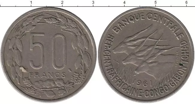 Монета 50 франков Центральной Африки 1961 года Медно-никель Антилопы