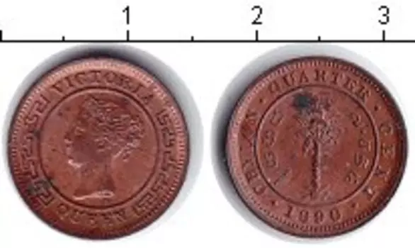 Монета 1/4 цента Цейлона 1890 года Медь Виктория