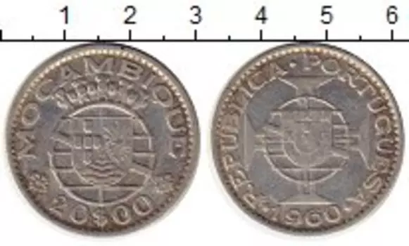 Монета 20 эскудо Мозамбика 1960 года Серебро Португальская колония