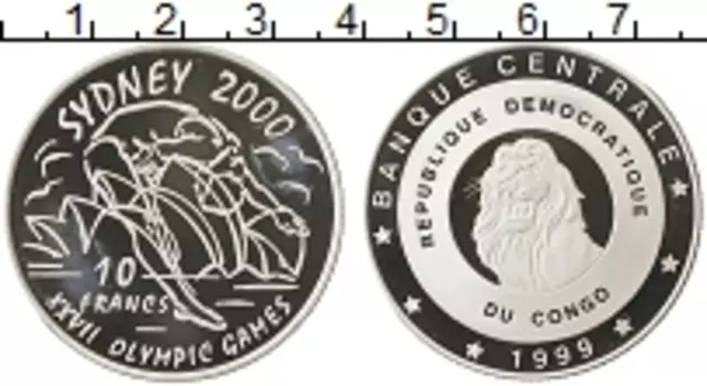 Монета 10 франков Конго 1999 года Серебро Олимпиада 2000 в Сиднее
