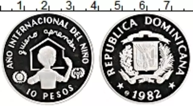 Монета 10 песо Доминиканской республики 1982 года Серебро