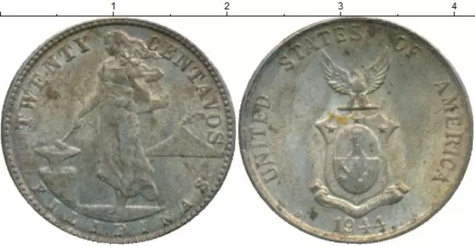 Монета 20 сентаво Филиппин 1944 года Серебро Американская администрация