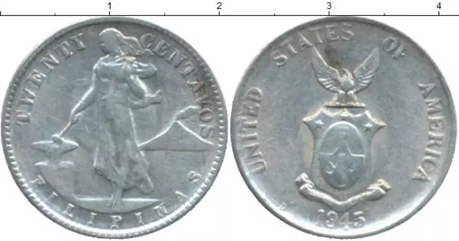 Монета 20 сентаво Филиппин 1945 года Серебро Американская администрация