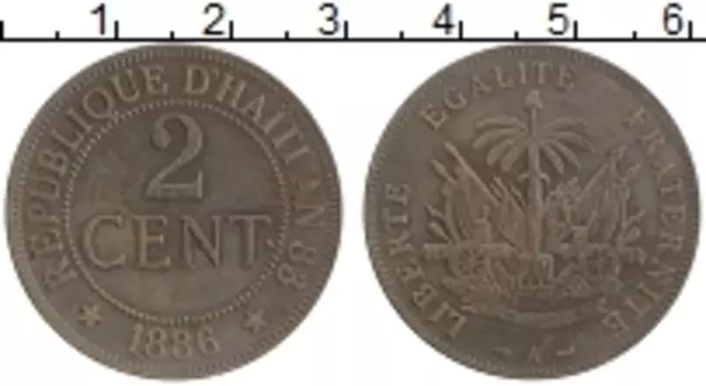 Монета 2 цента Гаити 1886 года Бронза