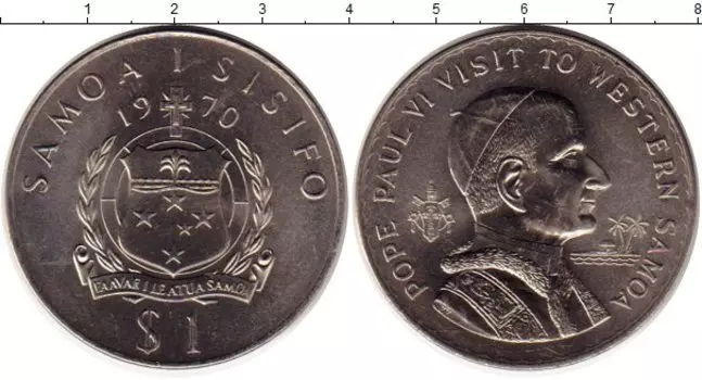 Монета доллар Самоа 1970 года Медно-никель Визит папы Павла VI