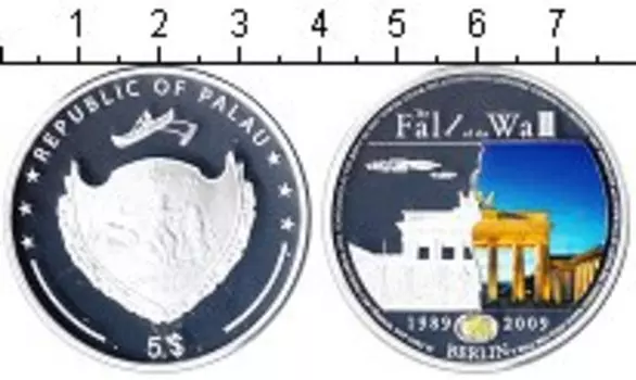 Монета 5 долларов Палау 2009 года Серебро 20-летие падения Берлинской стены