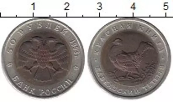 Монета 50 рублей России 1993 года Биметалл Кавказский тетерев