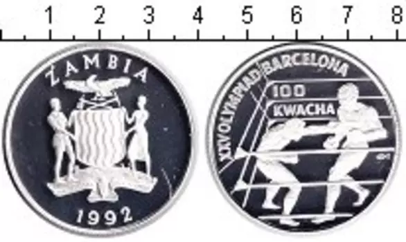 Монета 100 квач Замбии 1992 года Серебро Олимпиада 1992 в Барселоне
