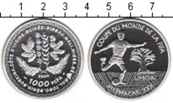Монета 1000 франков КФА 2004 года Серебро FIFA 2006