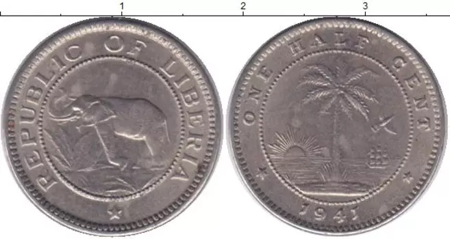Монета 1/2 цента Либерии 1941 года Медно-никель слон - пальма