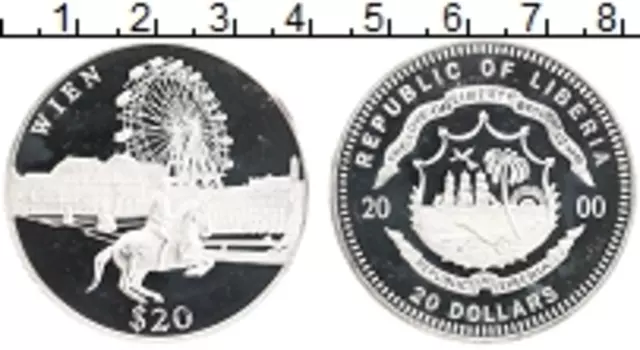 Монета 20 долларов Либерии 2000 года Серебро Вена