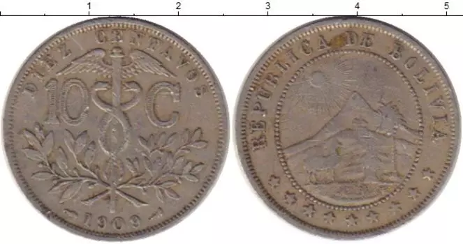 Монета 10 сентаво Боливии 1909 года Медно-никель
