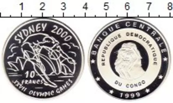 Монета 10 франков Конго 1999 года Серебро Олимпиада 2000