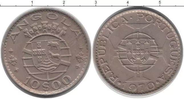 Монета 10 эскудо Анголы 1970 года Медно-никель Португальская колония